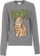 Ganni Graphic Wool Mix Bunny Crewneck Kvinde Frost Gray Sweaters Str S...