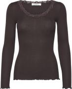 Rosemunde Silk Tshirt w/ Lace Kvinde Dark Espresso Langærmede T-shirts...