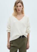 MANGO Vneck Knit Sweater Kvinde Light Beige Sweaters Str L - hos Magas...