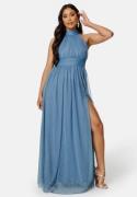 Goddiva Tie Neck Maxi Dress With Split Dusty Blue L (UK14)