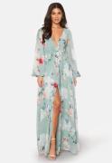 Goddiva Floral Long Sleeve Chiffon Maxi Dress Green S (UK10)