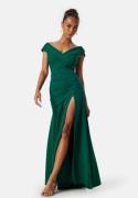 Goddiva Bardot Pleat Maxi Split Dress Emerald XL (UK16)