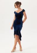 John Zack Velvet Off Shoulder Frill High Navy L (UK14)