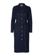 Slfdagmar Ls Dark Blue Denim Long Dress Knælang Kjole Blue Selected Fe...