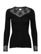 Silk T-Shirt Regular Ls W/Lace Tops T-shirts & Tops Long-sleeved Black...