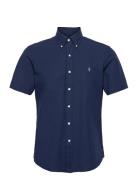 Custom Fit Stretch Poplin Shirt Tops Shirts Short-sleeved Blue Polo Ra...