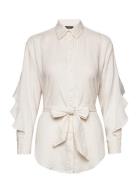 Ruffle-Trim Belted Linen Shirt Tops Shirts Long-sleeved Cream Lauren R...