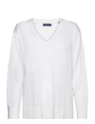 Linen-Blend V-Neck Tops Knitwear Jumpers White GANT