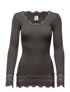 Silk T-Shirt Medium Ls W/Wide Lace Tops T-shirts & Tops Long-sleeved G...