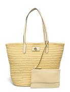 Leather-Trim Straw Large Brie Tote Bag Shopper Taske Yellow Lauren Ral...