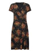 Floral Stretch Jersey Surplice Dress Knælang Kjole Black Lauren Ralph ...