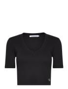 Woven Label Rib V-Neck Tee Tops Crop Tops Short-sleeved Crop Tops Blac...