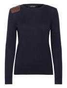 Faux-Leather-Trim Cotton-Blend Sweater Tops Knitwear Jumpers Navy Laur...