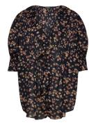 Floral Cotton Voile Puff-Sleeve Blouse Tops Blouses Long-sleeved Black...