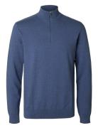 Slhberg Half Zip Cardigan Tops Knitwear Half Zip Jumpers Blue Selected...