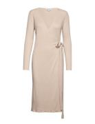 Fine Knit Rib Wrap Midi Dress Knælang Kjole Beige Davida Cashmere