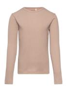 T-Shirt Ls Rib Tops T-shirts Long-sleeved T-Skjorte Beige Huttelihut