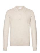 Ecovero L/S Zip Polo Tops Knitwear Long Sleeve Knitted Polos Cream Lin...