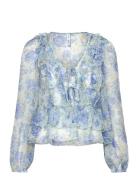 Floral Ruffled Blouse Tops Blouses Long-sleeved Blue Mango