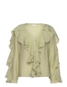 Vinabia V-Neck L/S Flounce Top Tops Blouses Long-sleeved Green Vila