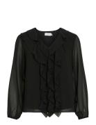 Viane L/S V-Neck Frill Top - Noos Tops Blouses Long-sleeved Black Vila