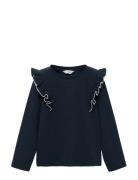 Ruffled Ribbed T-Shirt Tops T-shirts Long-sleeved T-Skjorte Navy Mango