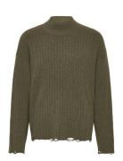 Distressed Ribbed Mock-Neck Sweater Tops Knitwear Turtlenecks Khaki Gr...